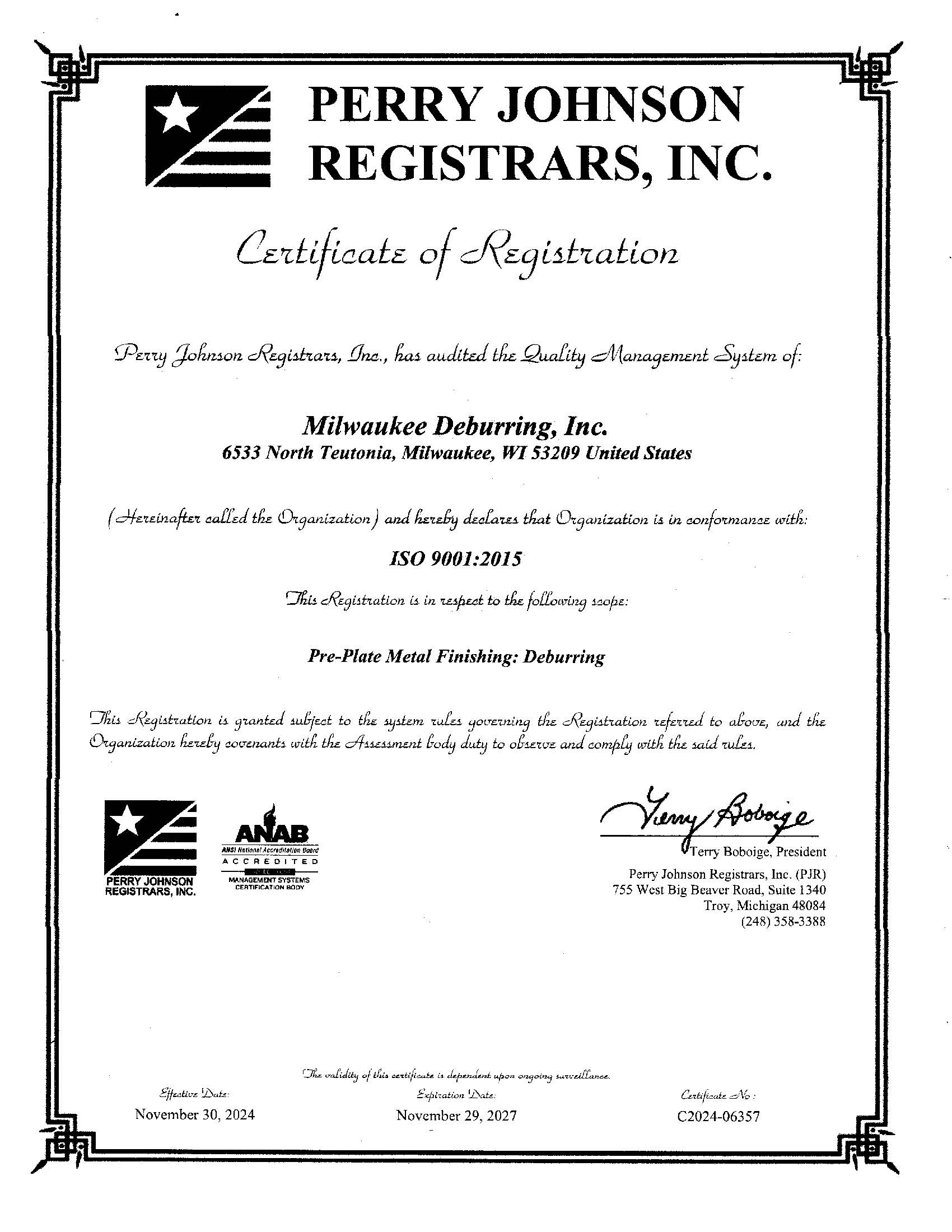 Milwaukee Deburring ISO Certificate for 11-30-21 thru 11-29-2024